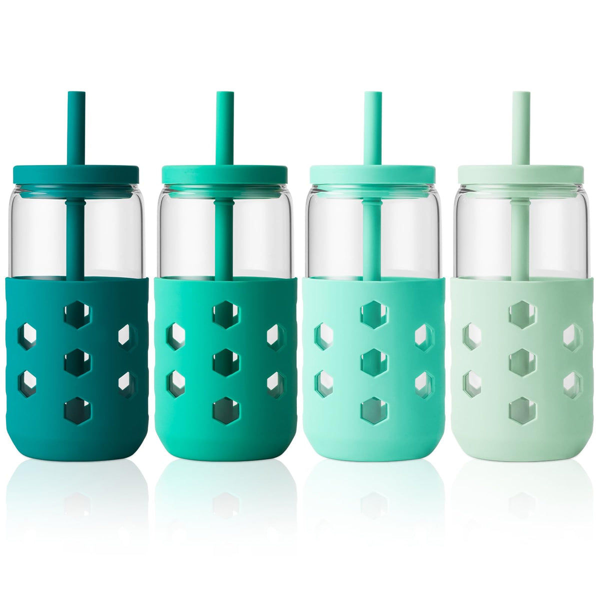 Mrsdry 16 oz Glass Cups with Lids and Straws for Gift, 4-Pack, Mint