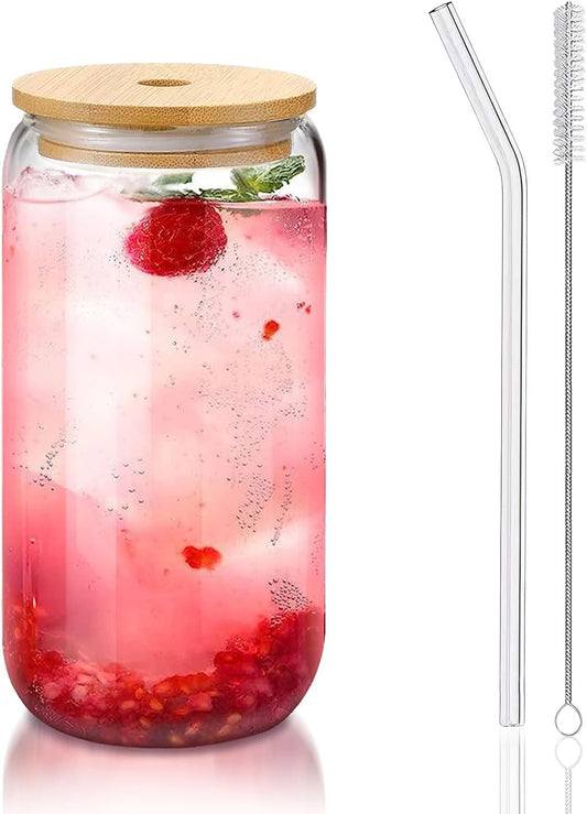 Glass Cups with Lids and Straws 1 Pack, 16 oz Glass Coffee Cup with Bamboo Lid, Glass Straw and Cleaning Brush, Iced Coffee Cup for Matcha, Soda, Tea and Daily Drinks