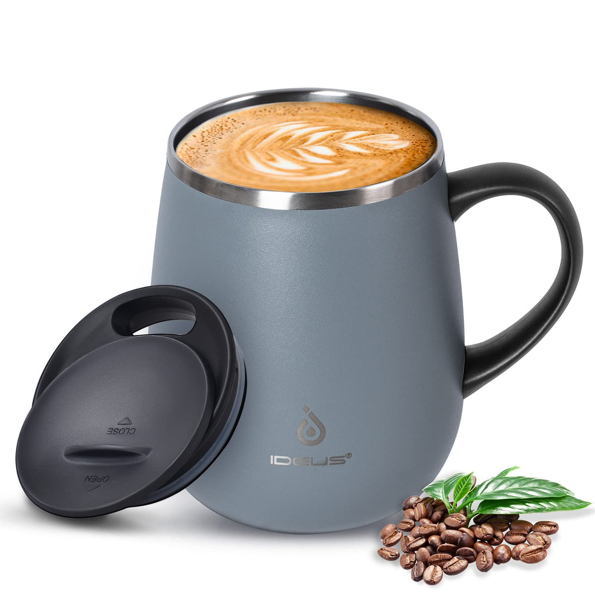 Ideus 16 oz Insulated Coffee Mug with Lid and Handle (Celadon, FUJI DAWN)