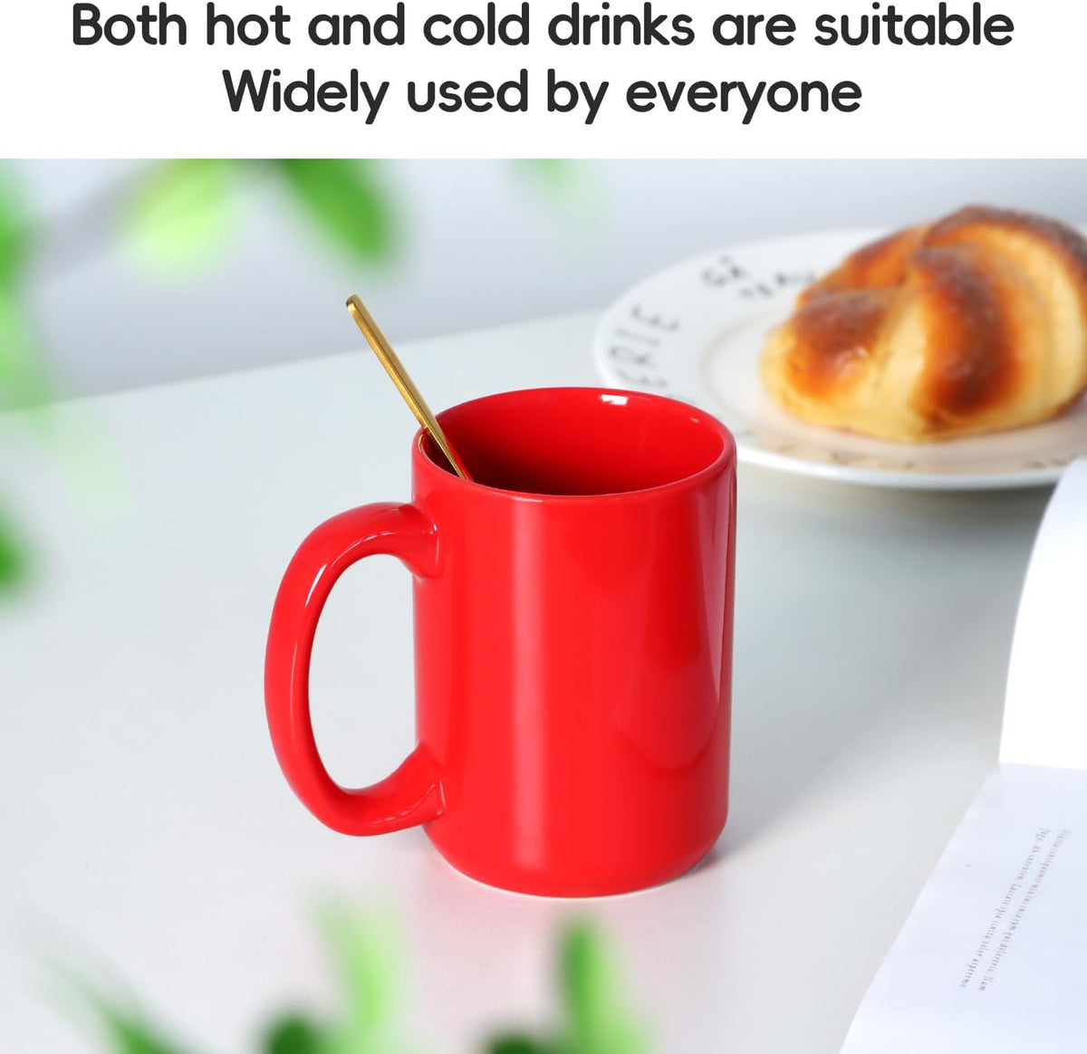 15 OZ Coffee Mug, Classic Blank Ceramic Cup with Large Handle for Tea Latte Cappuccino, Red
