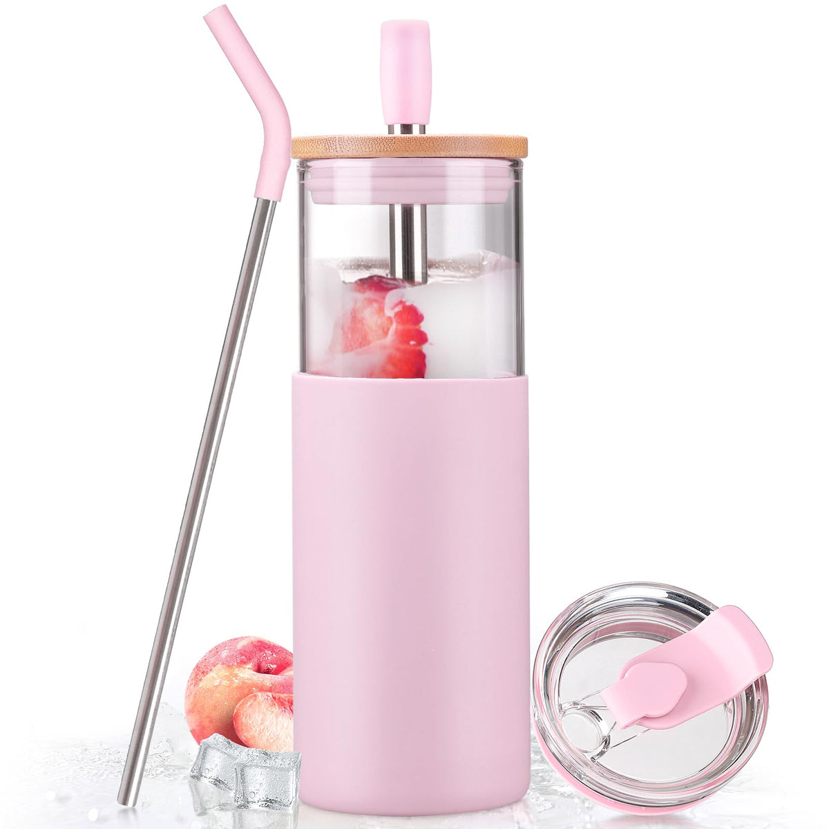 Kodrine 20oz Glass Water Tumbler with Straw and Lid, Bamboo Lids Water Bottle, Iced Coffee Cup Reusable, Wide Mouth Smoothie Cups with Protective Silicone Sleeve BPA FREE-Amber