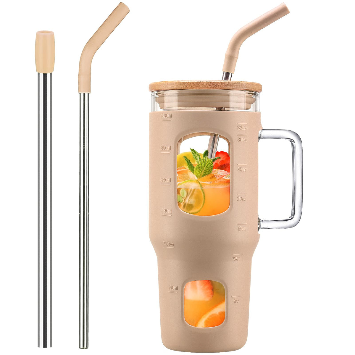 WINSA Glass Tumbler with Straw and Lid, 40 oz, Olive