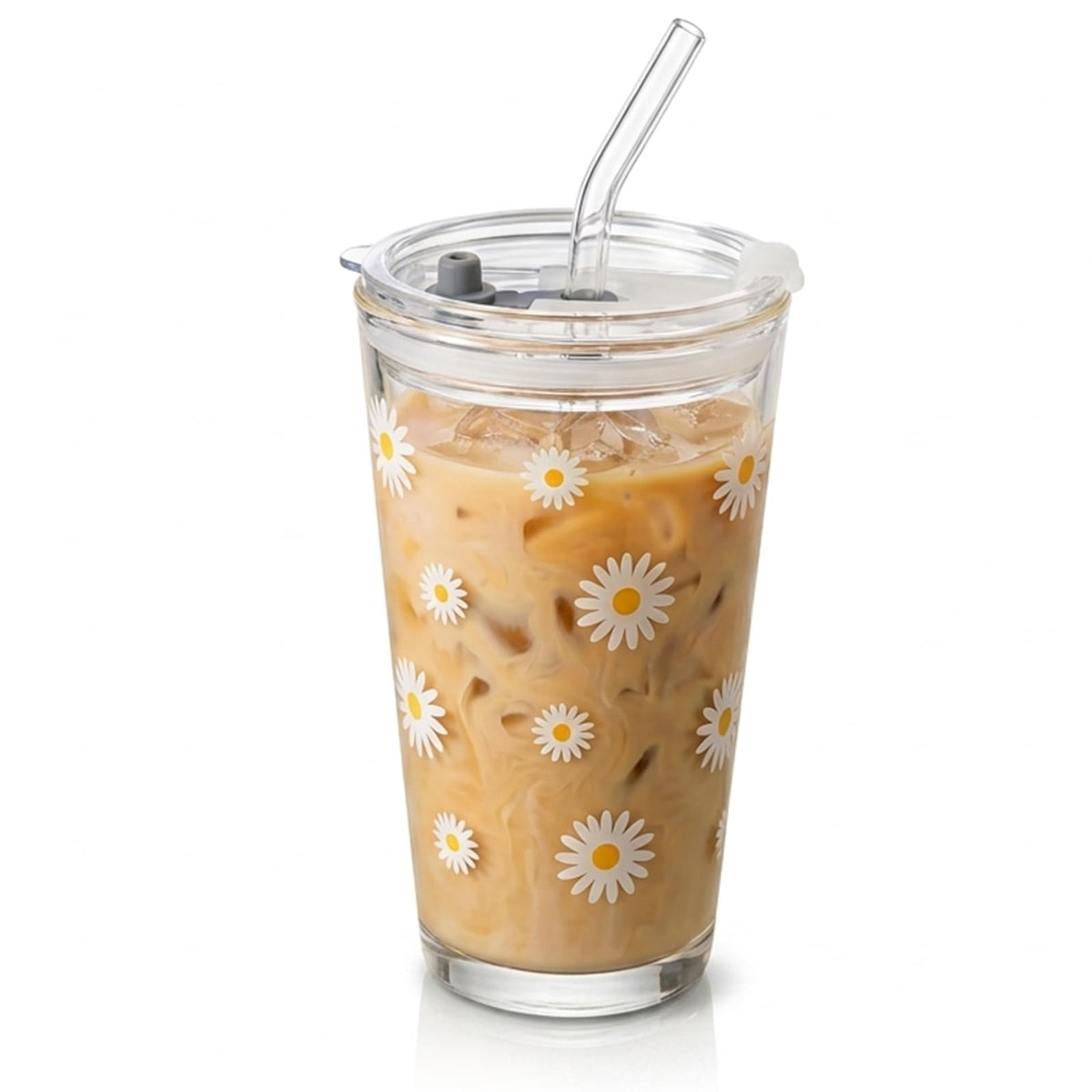 Olvini 15oz Glass Tumbler with Straw and Lid, Cute Iced Coffee Cups, Aesthetic Glass Cups, Coffee Tumbler, Water Cup, Matcha Cup, Drinking Glasses (Amber)