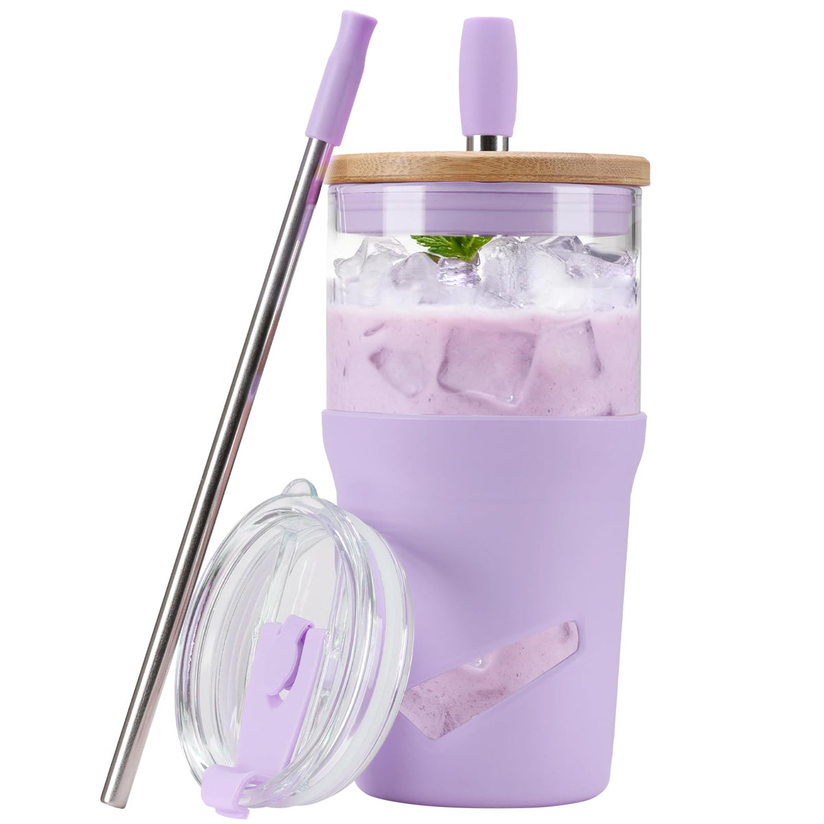 Glass Tumbler with Lids and Straws, 20 oz Iced Coffee Cup and Smoothie Cup with Bamboo Lid and On the go Lid,Glass Cups With Straws