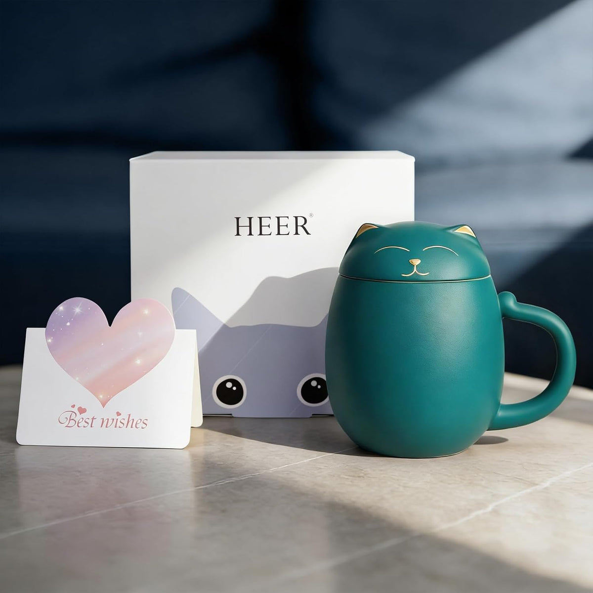HEER Cat Ceramic Tea Mug 13.5oz with Infuser and Lid, Green