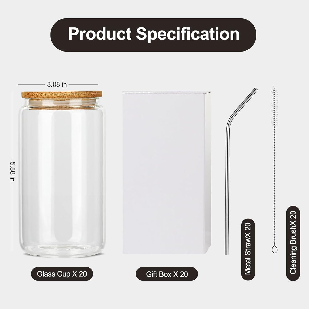 ASKIZ 20Pcs Glass Cups With Bamboo Lids and Straws,16Oz Ice Coffee Cup,Drinking Glasses Cups Set,Water Bottles Glasses for Juicing,Beer,Coffee,Soda,Tea-Glass Tumbler Reusable for Gifts