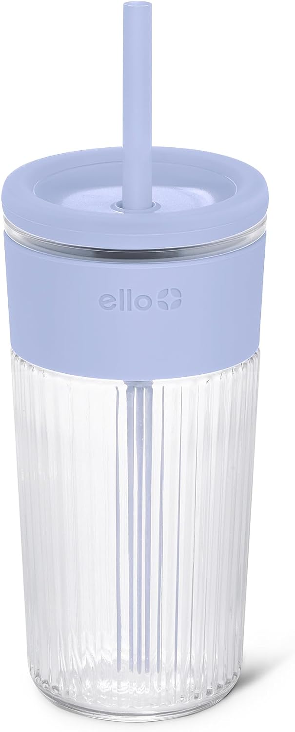 Ello Ava 18oz Glass Tumbler with Straw and Lid for Iced Coffee, Blueberry