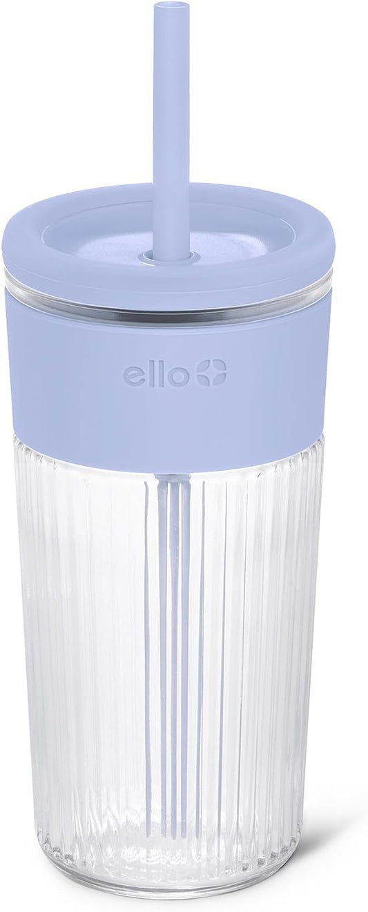 Ello Ava 18oz Glass Tumbler with Straw and Lid for Iced Coffee, Blueberry