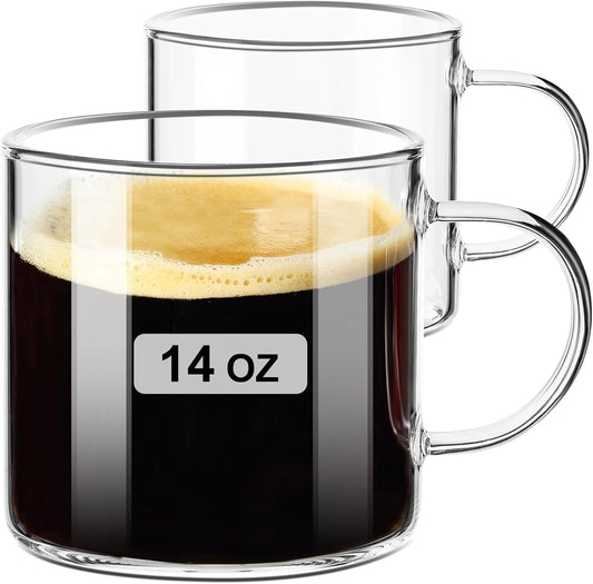 PARACITY Glass Mug Set of 2, 14.2 fl oz Clear Coffee Cups with Handles