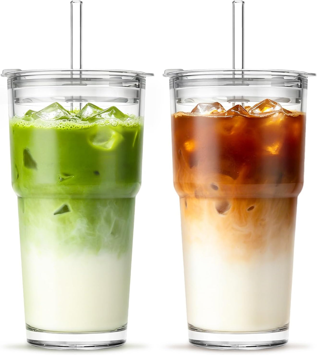 INSETLAN 20 oz Iced Coffee Cups with Lids and Straw, Set of 2 Glass Tumbler