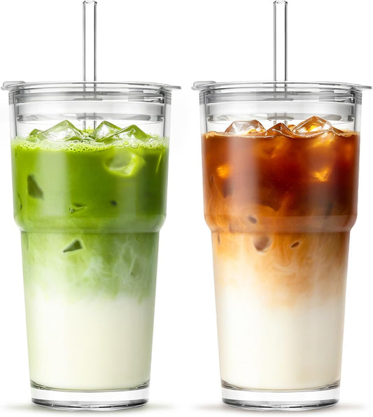 INSETLAN 20 oz Iced Coffee Cups with Lids and Straw, Set of 2 Glass Tumbler