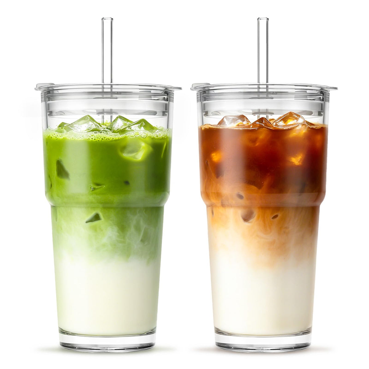 INSETLAN 20 oz Iced Coffee Cups with Lids and Straw, Set of 2 Glass Tumbler