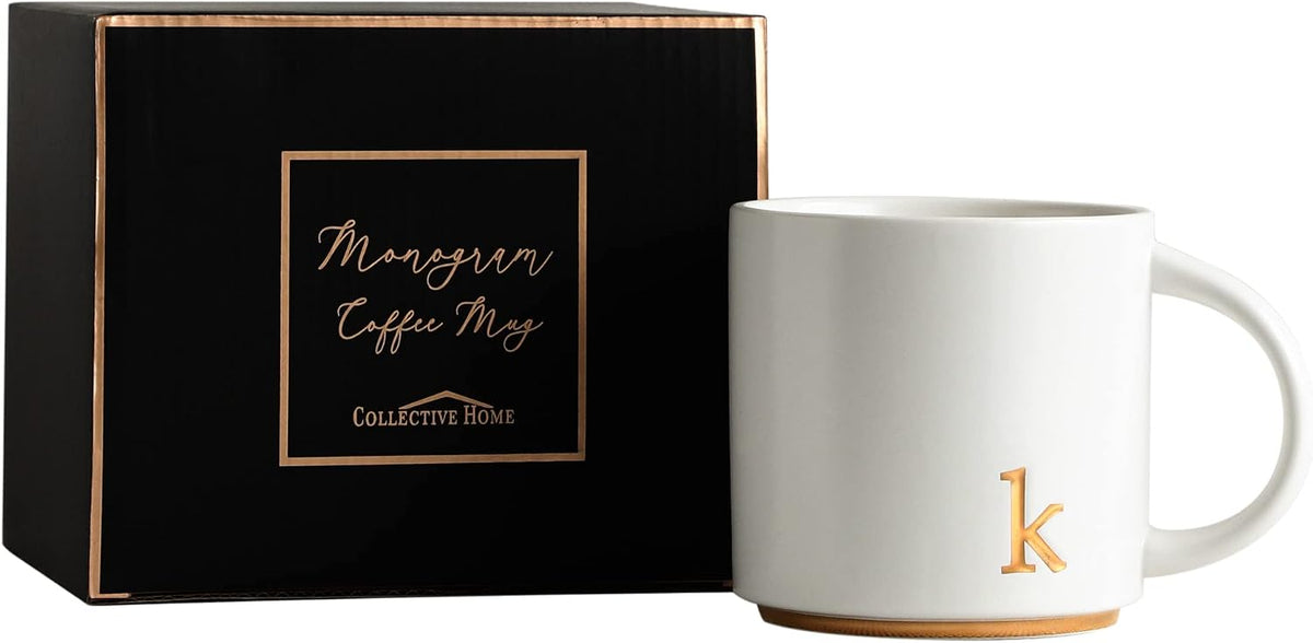 COLLECTIVE HOME Ceramic Coffee Mug, 15 oz Monogram Cup with Gift Box(K)