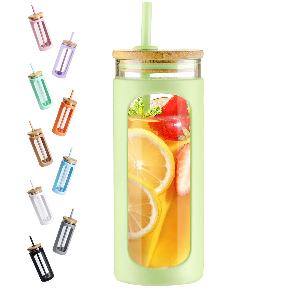 Kodrine 20oz Glass Water Tumbler with Straw and Lid, Bamboo Lids Water Bottle, Iced Coffee Cup Reusable, Wide Mouth Smoothie Cups with Protective Silicone Sleeve BPA FREE-Amber