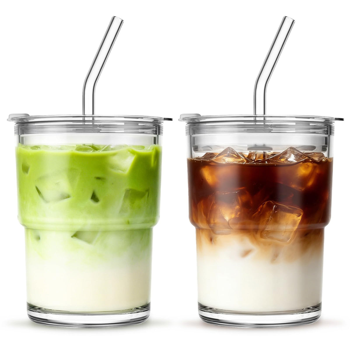 INSETLAN 20 oz Iced Coffee Cups with Lids and Straw, Set of 2 Glass Tumbler