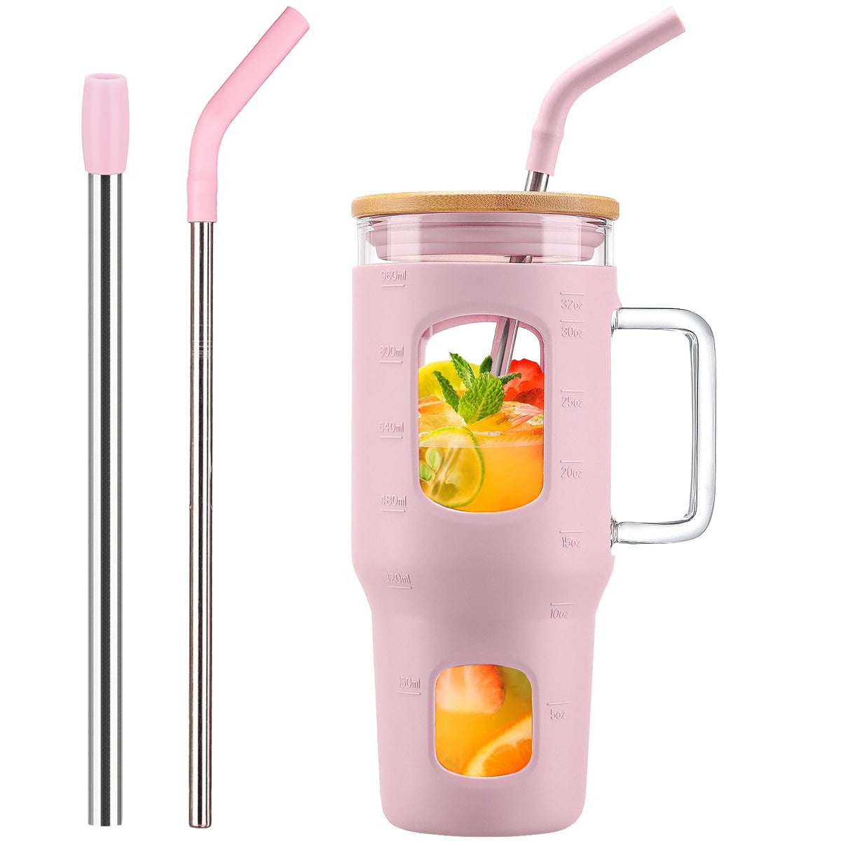 WINSA Glass Tumbler with Straw and Lid, 40 oz, Olive