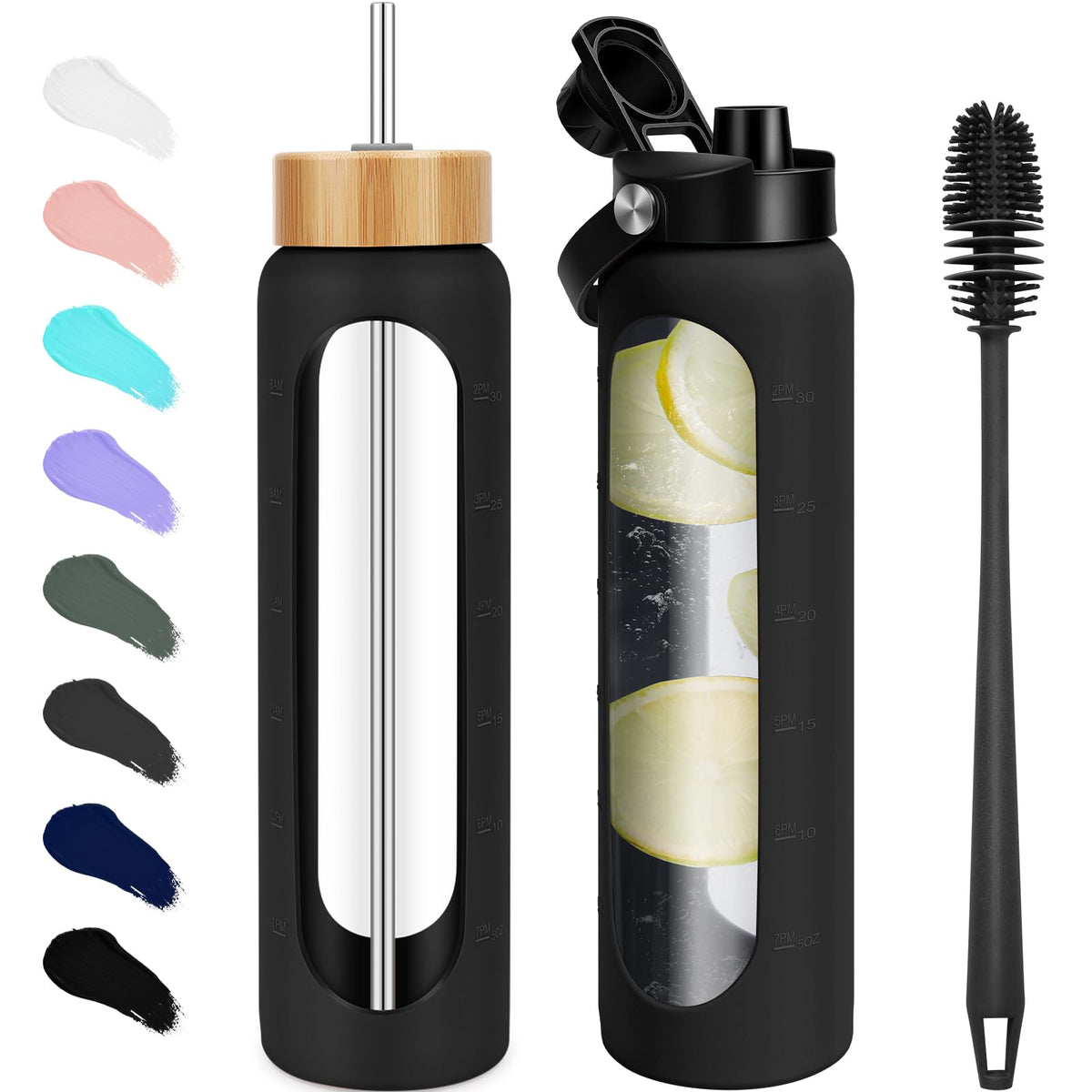 FULBEVY 32 oz Glass Water Bottles - 1 Liter Motivational Tumbler Water Bottle Time Marker - Borosilicate Glass Water Bottle With Silicone Sleeve and 2 Lids, Handle Spout & Bamboo Straw Lid (Olive)