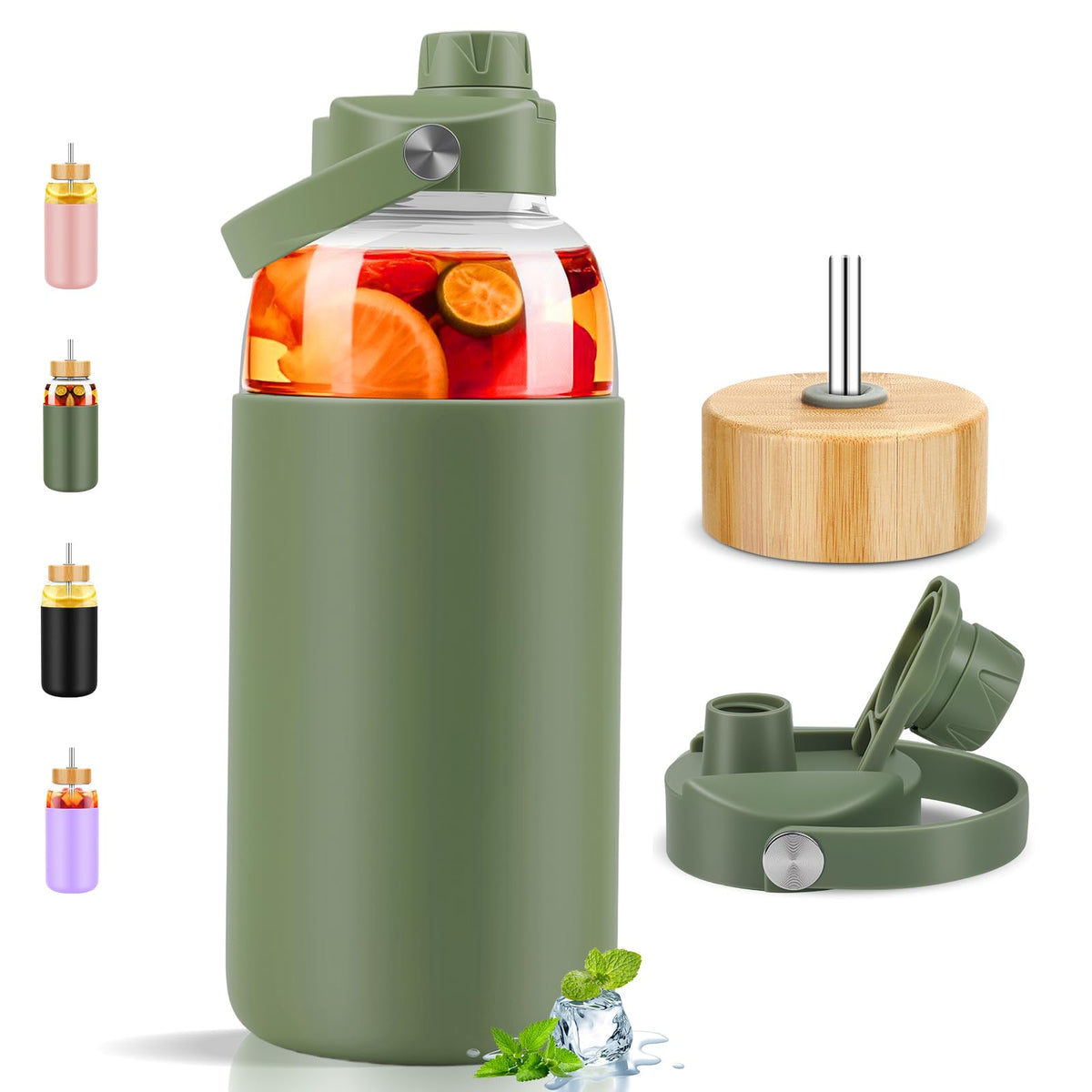 PROBTTL 40 oz Glass Tumbler with Handle - Sports Clear Borosilicate Glass Water Bottle with Straw, Silicone Sleeve, 2 Lids - Handle Spout & Bamboo Straw Lid, Fits Car Cup Holder, Leakproof (Olive)