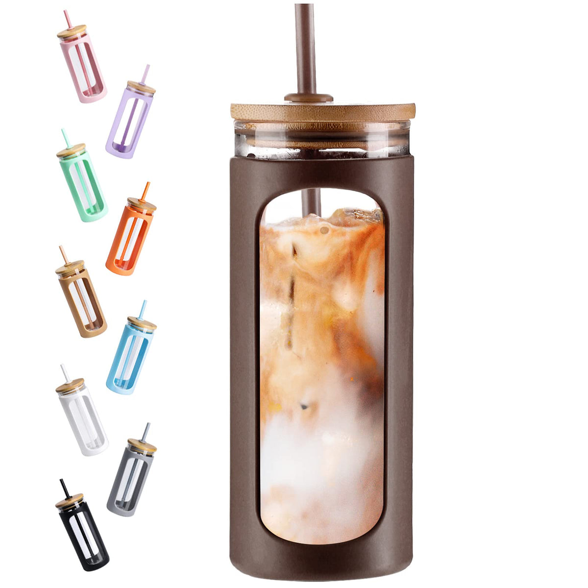 Kodrine 20oz Glass Water Tumbler with Straw and Lid, Bamboo Lids Water Bottle, Iced Coffee Cup Reusable, Wide Mouth Smoothie Cups with Protective Silicone Sleeve BPA FREE-Amber
