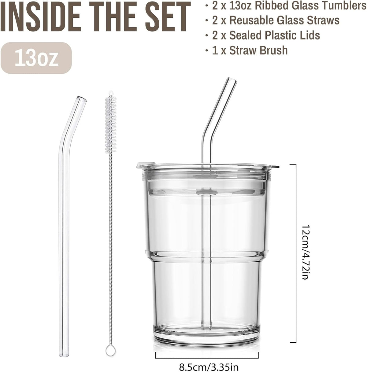 SoulTimes 13oz Clear Glass Tumbler with Lid and Straw – Iced Coffee Glasses Cups for Smoothie, Matcha, Juice, Water etc. Leakproof and Reusable Glassware Drinking for Travel To Go [2Pcs]