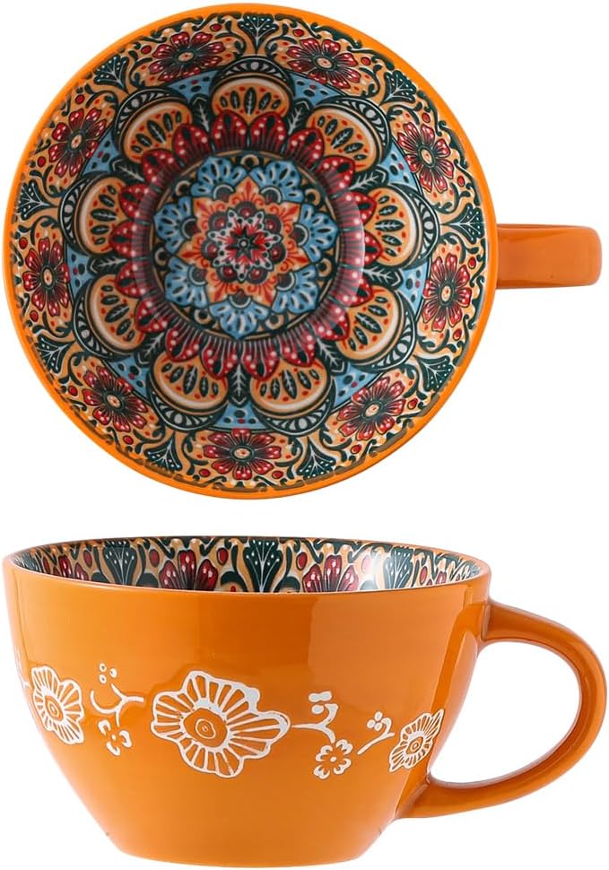Bohemian Hand-Painted Ceramic Mug, 15 Oz Large Coffee Cup for Milk, Tea, and Breakfast, Dishwasher & Microwave Safe Artisan Cup, Orange
