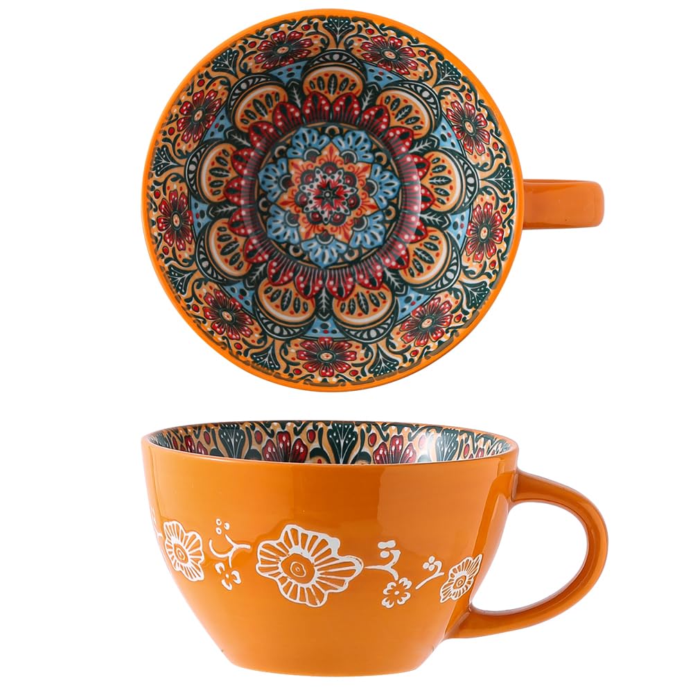 Bohemian Hand-Painted Ceramic Mug, 15 Oz Large Coffee Cup for Milk, Tea, and Breakfast, Dishwasher & Microwave Safe Artisan Cup, Orange