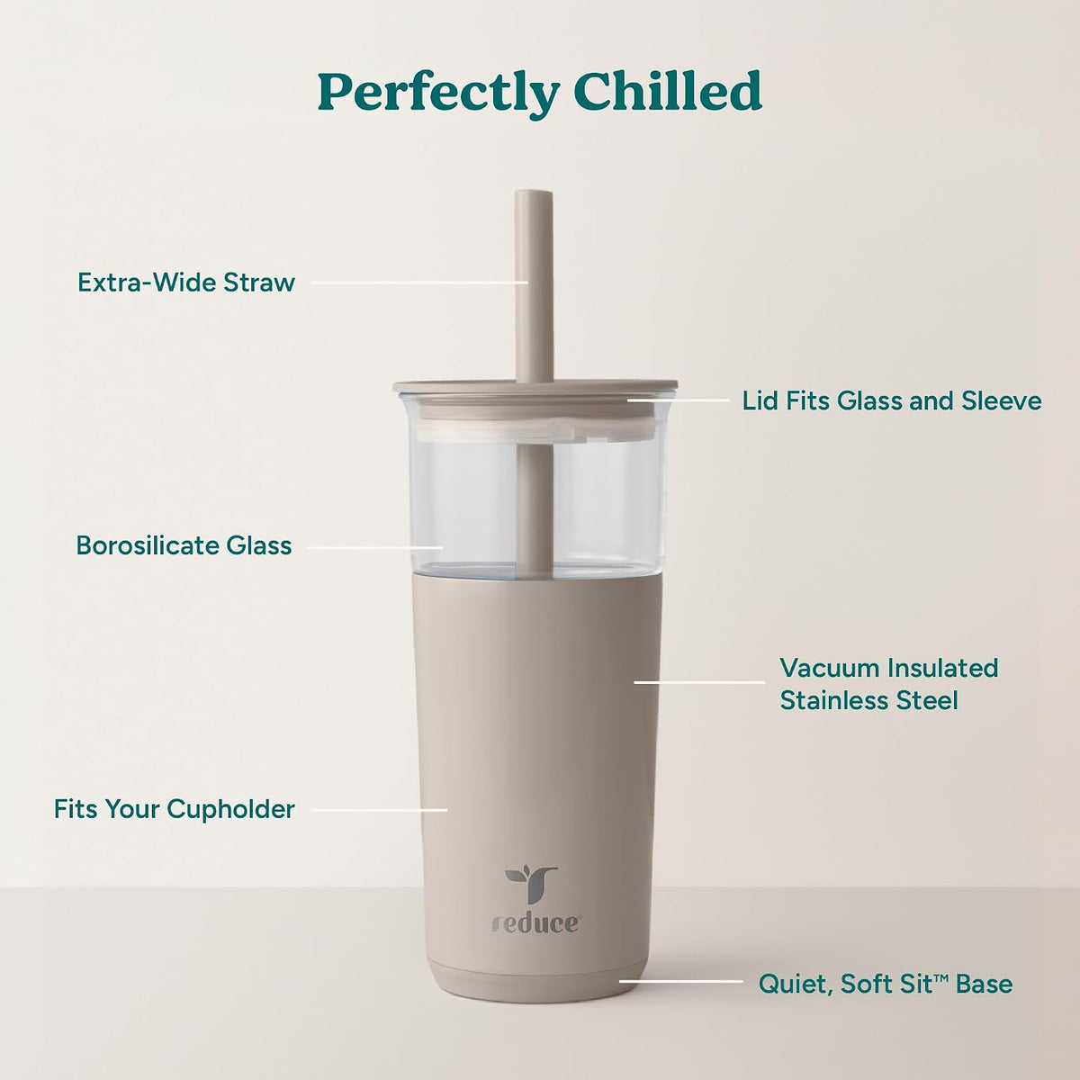REDUCE Aspen - 20oz Vacuum Insulated Glass Tumbler - Extra Wide Straw & Lid