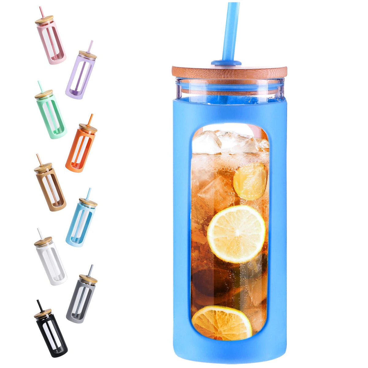 Kodrine 20oz Glass Water Tumbler with Straw and Lid, Bamboo Lids Water Bottle, Iced Coffee Cup Reusable, Wide Mouth Smoothie Cups with Protective Silicone Sleeve BPA FREE-Amber
