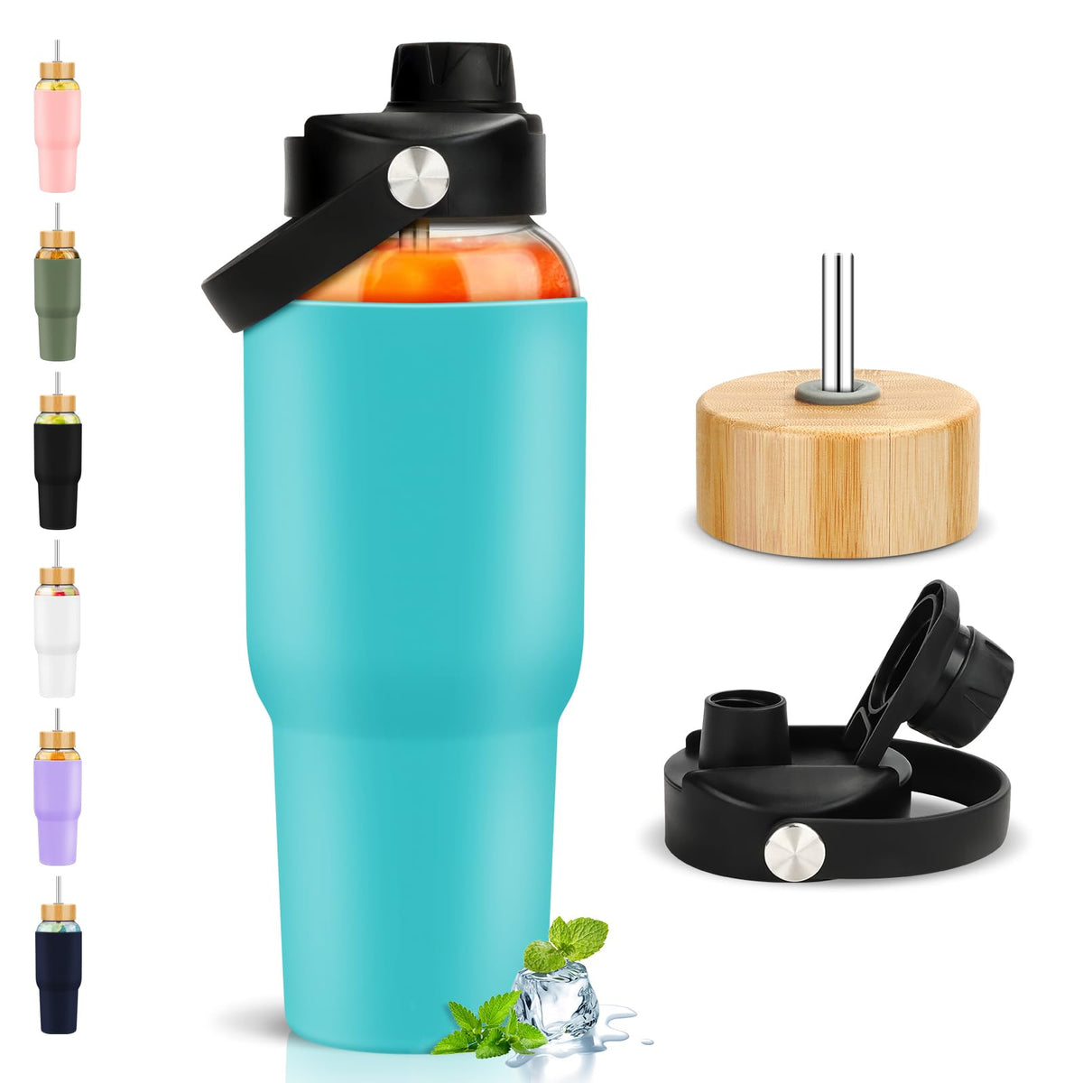 PROBTTL 40 oz Glass Tumbler with Handle - Sports Clear Borosilicate Glass Water Bottle with Straw, Silicone Sleeve, 2 Lids - Handle Spout & Bamboo Straw Lid, Fits Car Cup Holder, Leakproof (Olive)