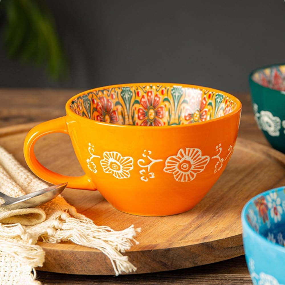 Bohemian Hand-Painted Ceramic Mug, 15 Oz Large Coffee Cup for Milk, Tea, and Breakfast, Dishwasher & Microwave Safe Artisan Cup, Orange