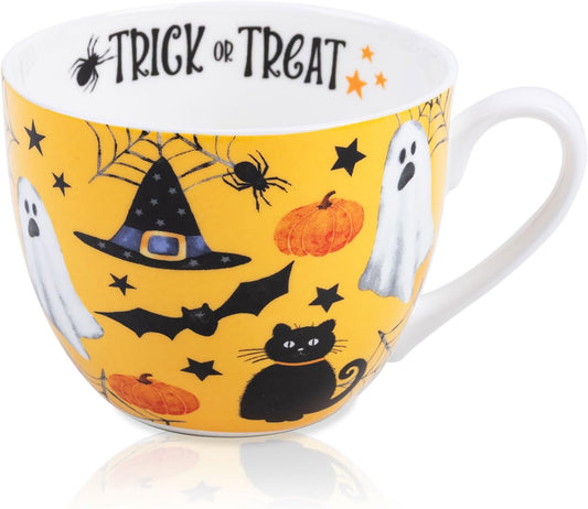 Orange Halloween Mug – 20oz Bone China Coffee Mug with Black Cat, Ghost, Pumpkin & Bat, Perfect Fall Gift for Halloween Lovers, Designed in England by Harvest Green Studio
