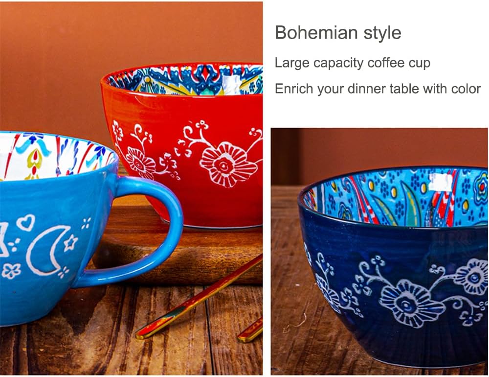Bohemian Hand-Painted Ceramic Mug, 15 Oz Large Coffee Cup for Milk, Tea, and Breakfast, Dishwasher & Microwave Safe Artisan Cup, Orange