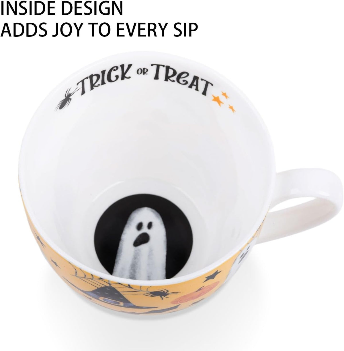 Orange Halloween Mug – 20oz Bone China Coffee Mug with Black Cat, Ghost, Pumpkin & Bat, Perfect Fall Gift for Halloween Lovers, Designed in England by Harvest Green Studio