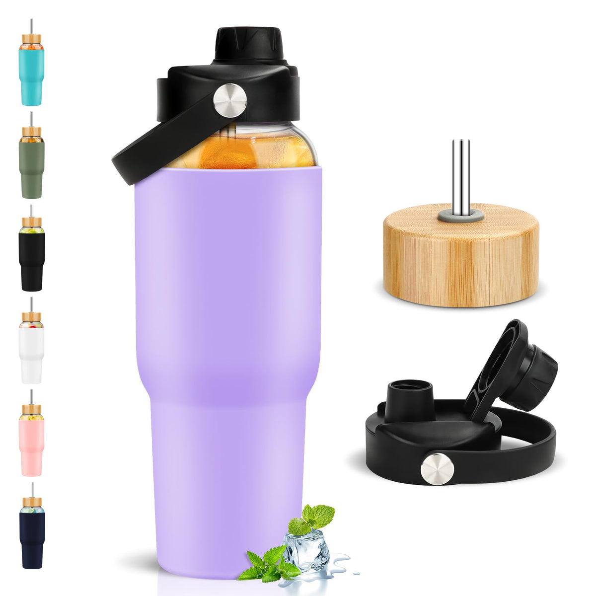 PROBTTL 40 oz Glass Tumbler with Handle - Sports Clear Borosilicate Glass Water Bottle with Straw, Silicone Sleeve, 2 Lids - Handle Spout & Bamboo Straw Lid, Fits Car Cup Holder, Leakproof (Olive)