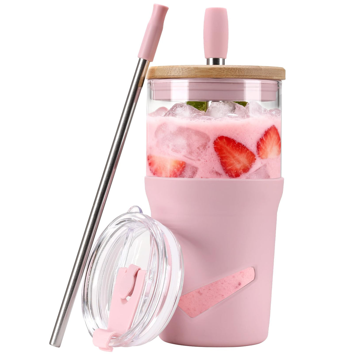 Glass Tumbler with Lids and Straws, 20 oz Iced Coffee Cup and Smoothie Cup with Bamboo Lid and On the go Lid,Glass Cups With Straws