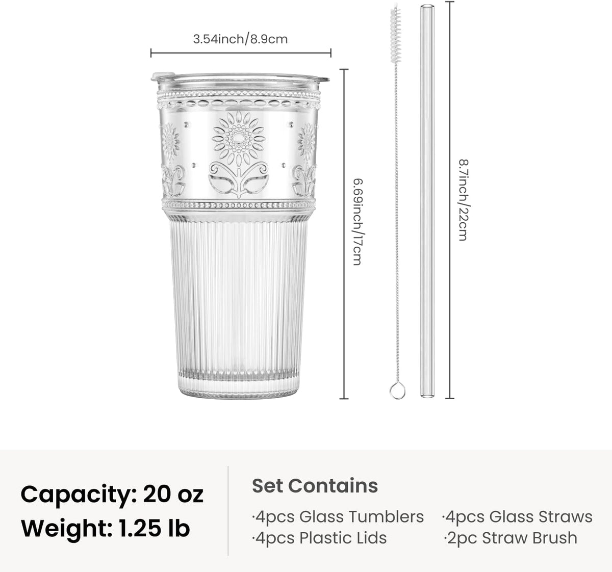 INSETLAN 20 oz Iced Coffee Cups with Lids and Straw, Set of 4 Glass Tumbler