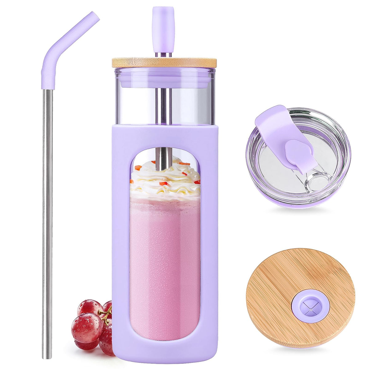 Kodrine 20oz Glass Water Tumbler with Straw and Lid, Bamboo Lids Water Bottle, Iced Coffee Cup Reusable, Wide Mouth Smoothie Cups with Protective Silicone Sleeve BPA FREE-Amber