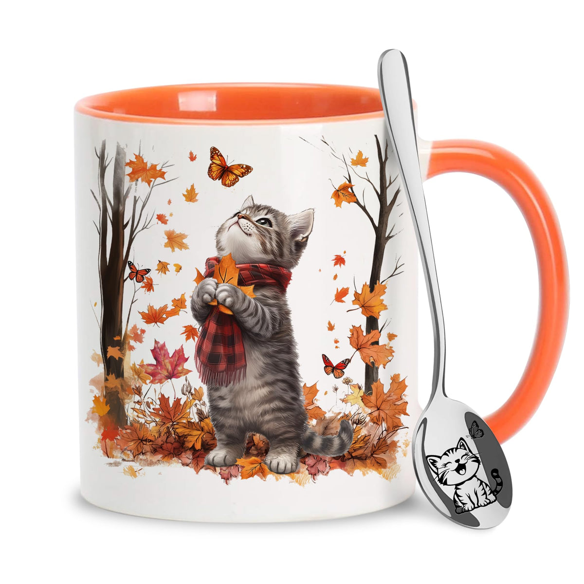 Hyturtle Fall Highland Cow Maple Leave Coffee Mug with Spoon Gift For Women