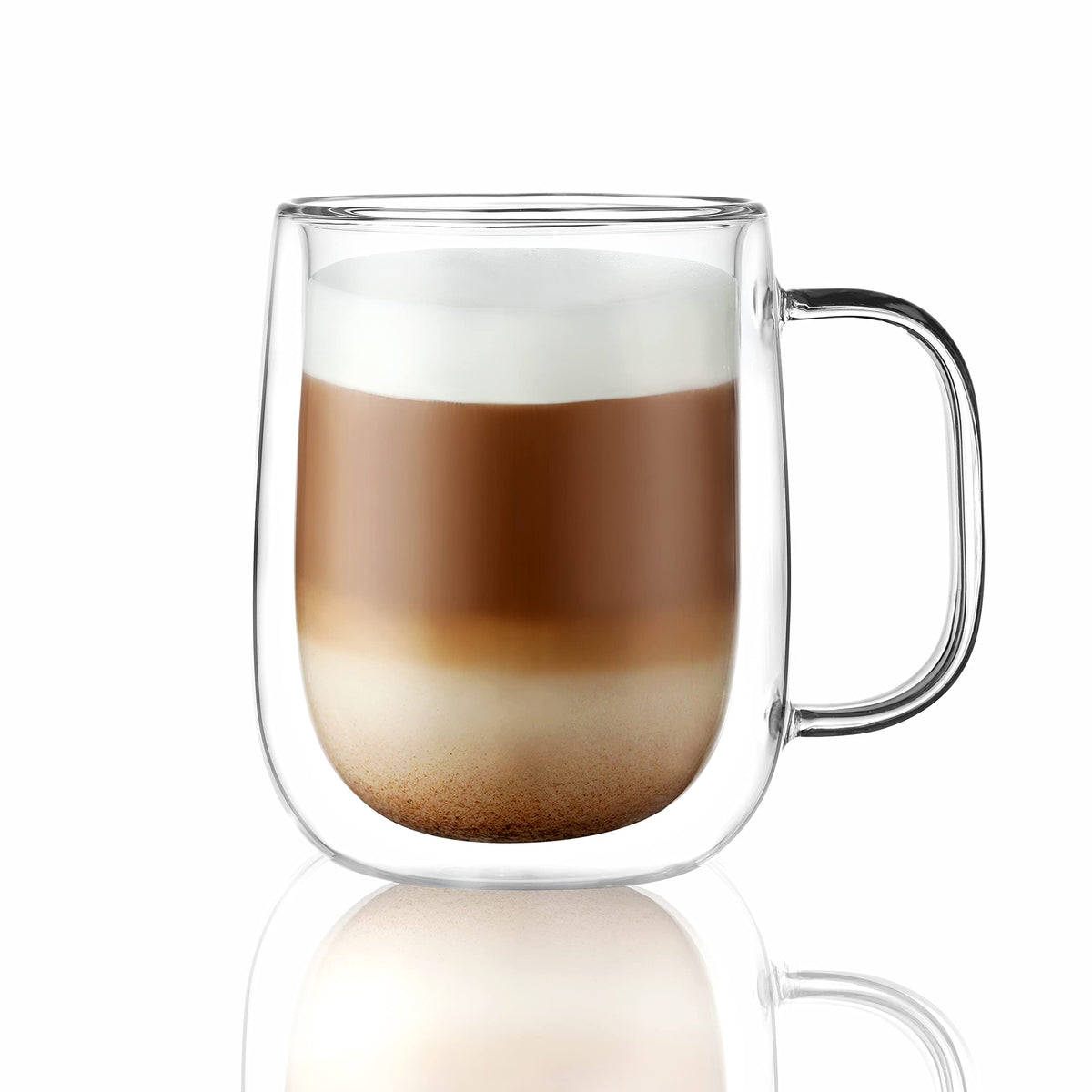 CNGLASS Large Double Wall Glass Coffee Mug 15.2oz,Clear Insulated Glass Espresso Cup with Big Handle,Clear Glass Espresso Mugs for Latte,Cappuccino,Tea Bag,Hot and Cold Beverages,set of 4