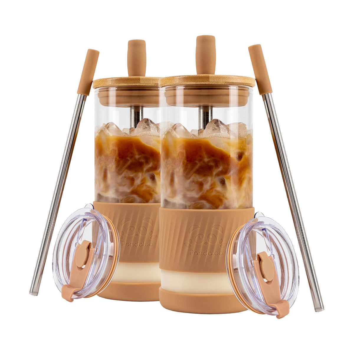 Pandaloo® Glass Cups With Lids and Straws -20 Fl Oz- Perfect Size Iced Coffee Cup - Smoothie Cup With Bamboo Lid and On the go Lid (Creamy Mushroom, 1 Count (Pack of 1)