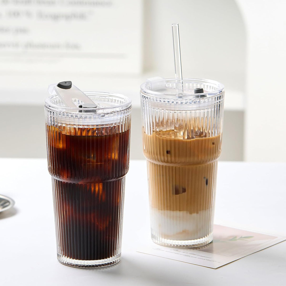 TUZAZO 4 Pack 20oz Ribbed Glass Tumblers with Lids and Straws