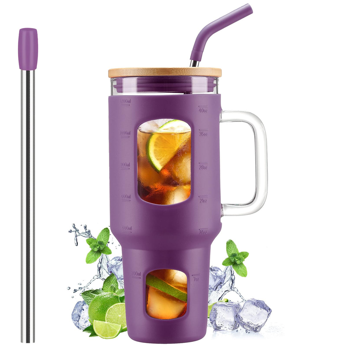 WINSA Glass Tumbler with Straw and Lid, 40 oz, Olive