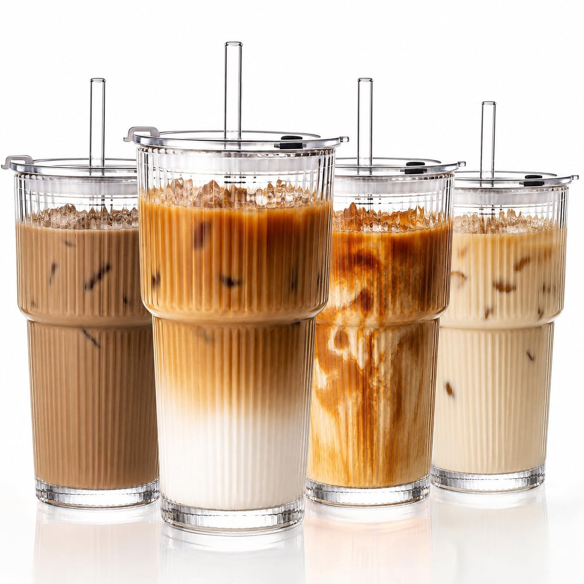 20oz Iced Coffee Cups with Lids, Ribbed Glass Cups with Lids and Straws