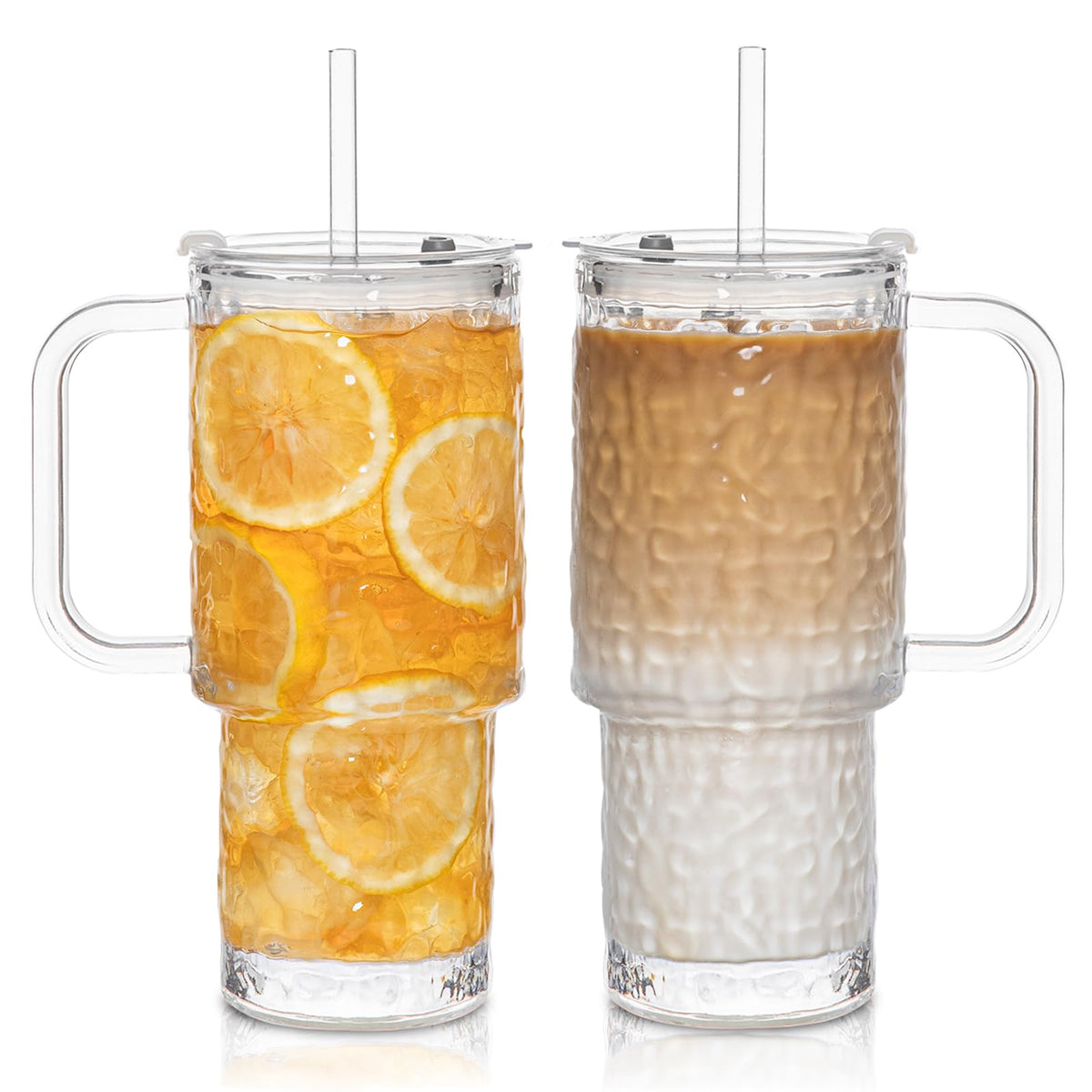 INSETLAN 24 oz Ribbed Glass Tumbler with Handle, 2-Pack Iced Coffee Cups