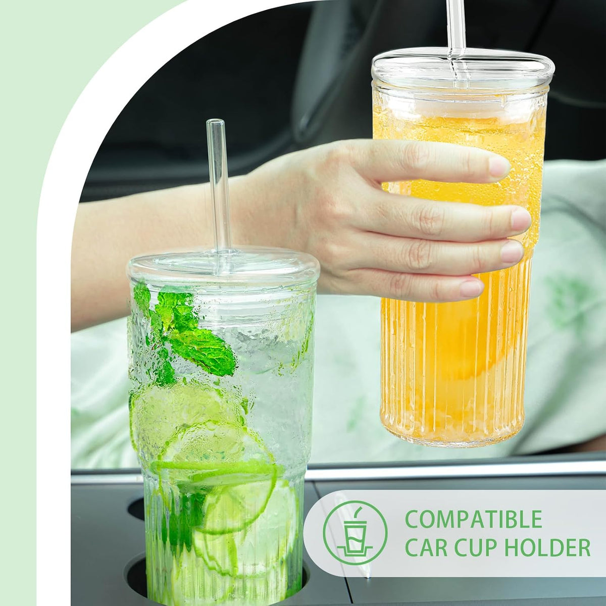 Luiaiog 20 oz Glass Cups with Lids and Straws Set of 2, Ribbed Glass Coffee Cups for Iced Coffee, Matcha, Cold Brew, Smoothie, Boba, Reusable Clear Glass Tumbler with Cleaning Brush