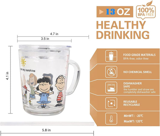Kids Straw Cup with Lid and Handle,14oz Cute Glass Tumbler with Scale for Water, Tea, Milk Coffee