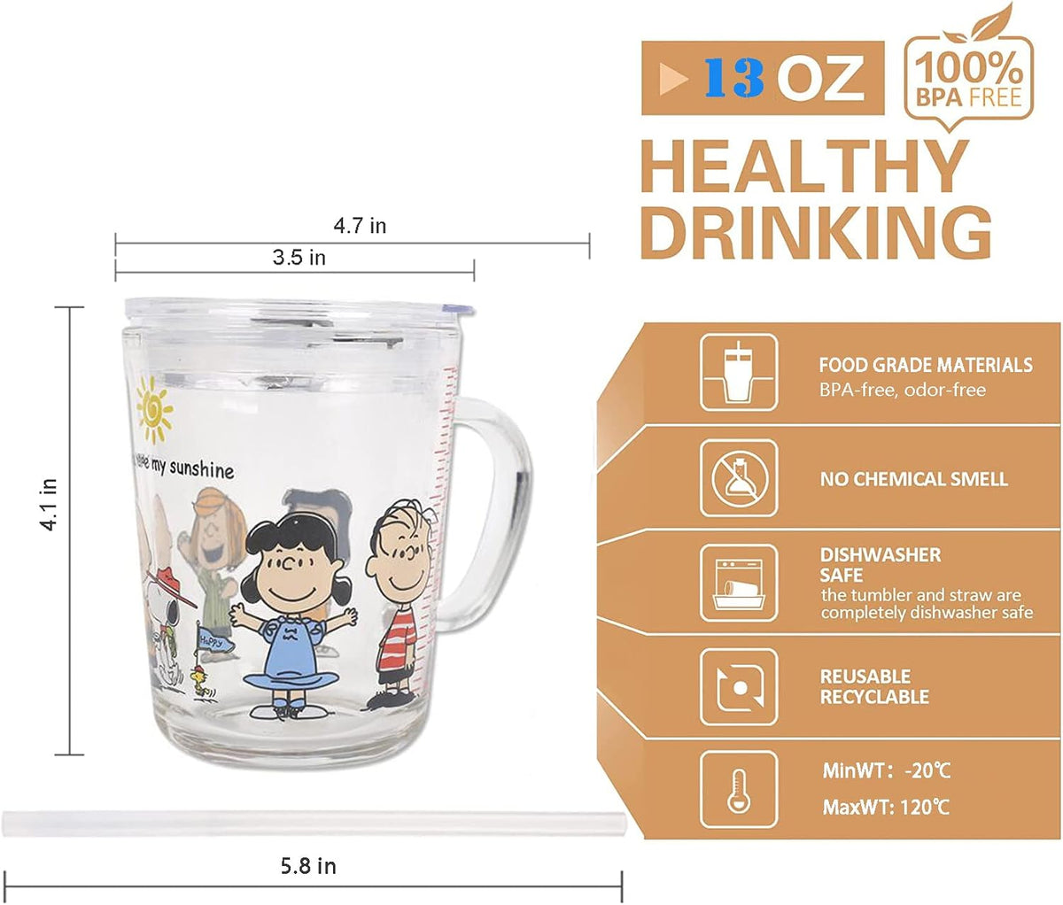 Kids Straw Cup with Lid and Handle,14oz Cute Glass Tumbler with Scale for Water, Tea, Milk Coffee