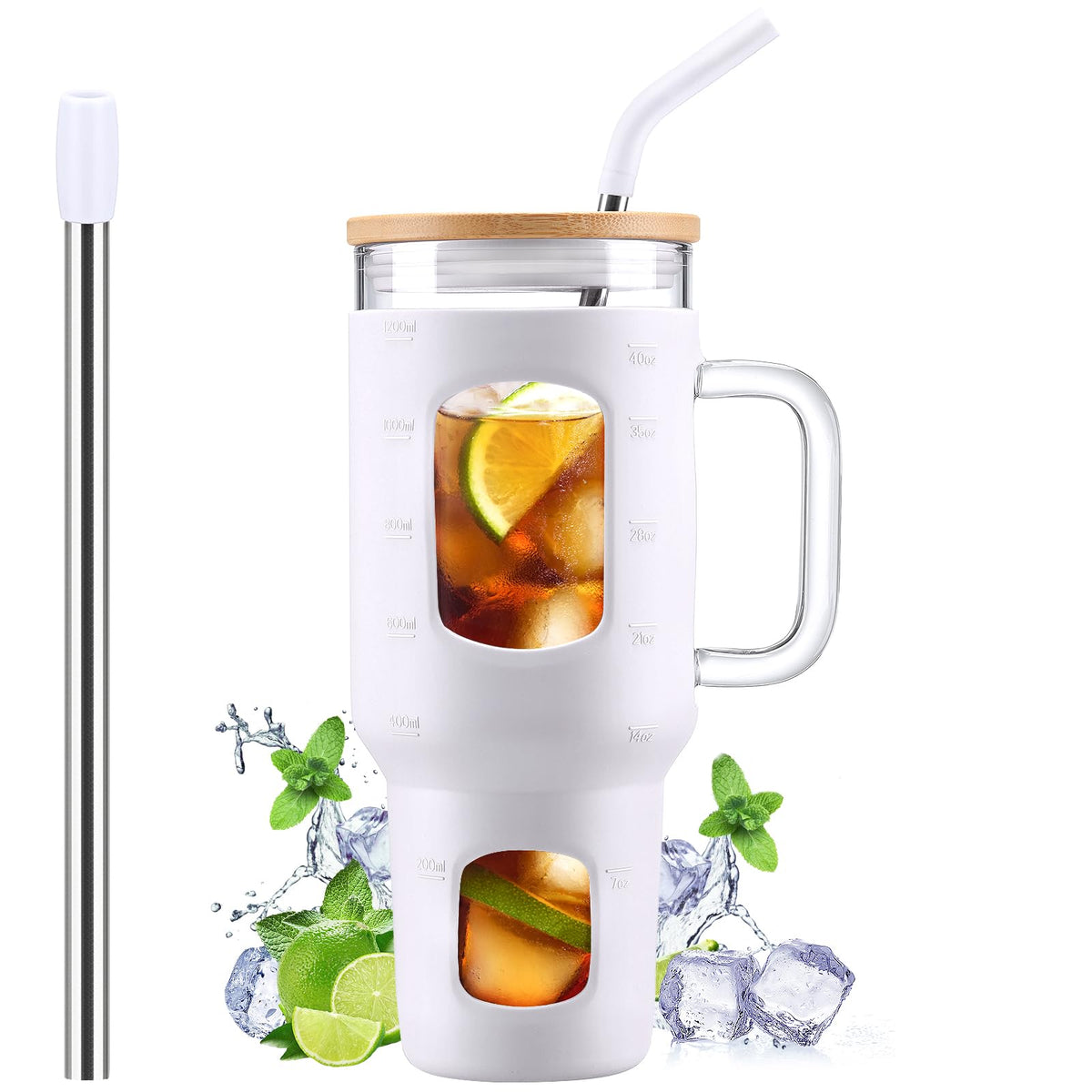 WINSA Glass Tumbler with Straw and Lid, 40 oz, Olive