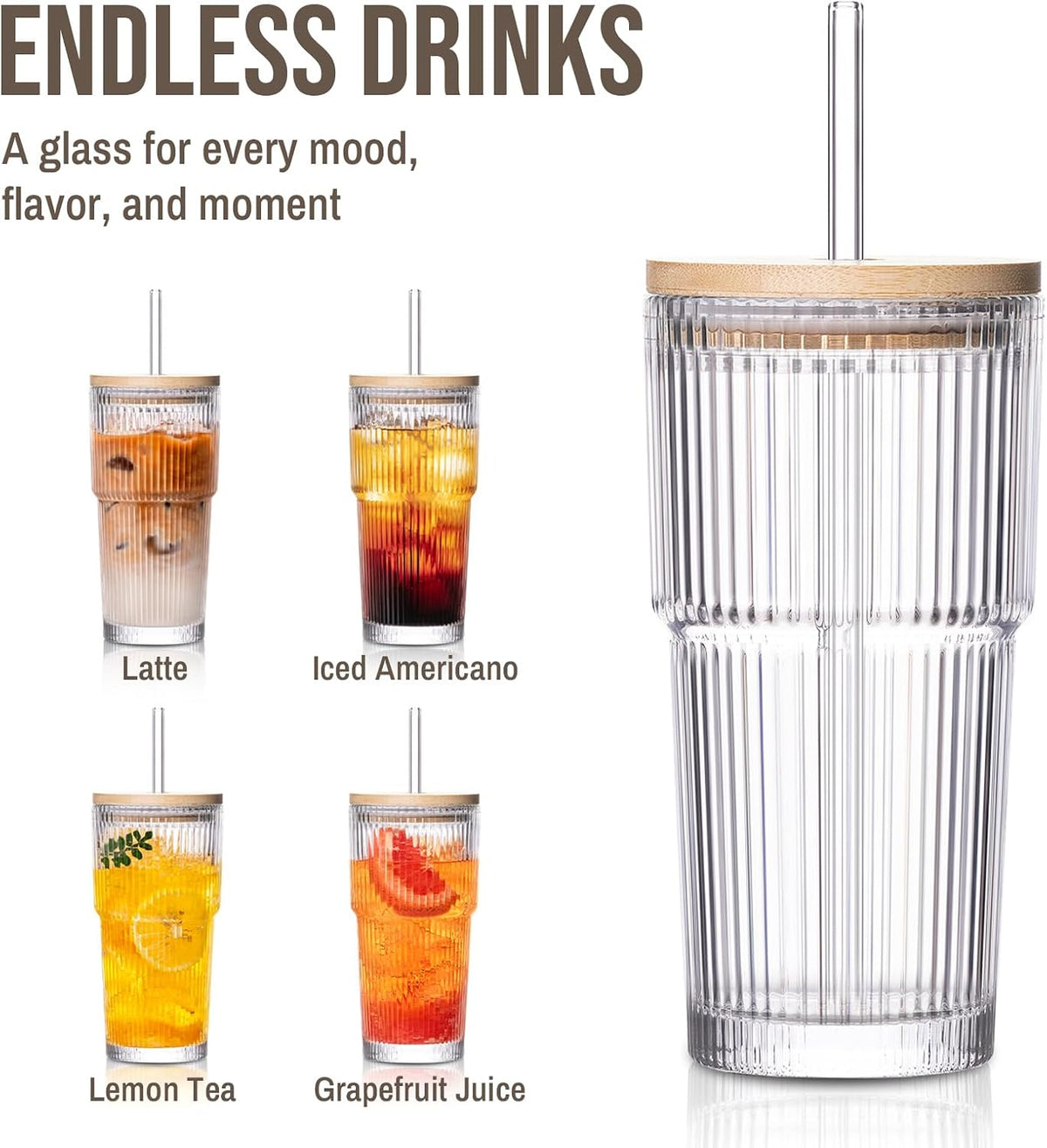 SoulTimes 20oz Ribbed Glass Tumbler with Bamboo Lid and Straw – Iced Coffee Glasses Cups for Smoothie, Matcha, Juice, Water etc. Leakproof and Reusable Glassware Drinking for Travel To Go 【2 Pack】
