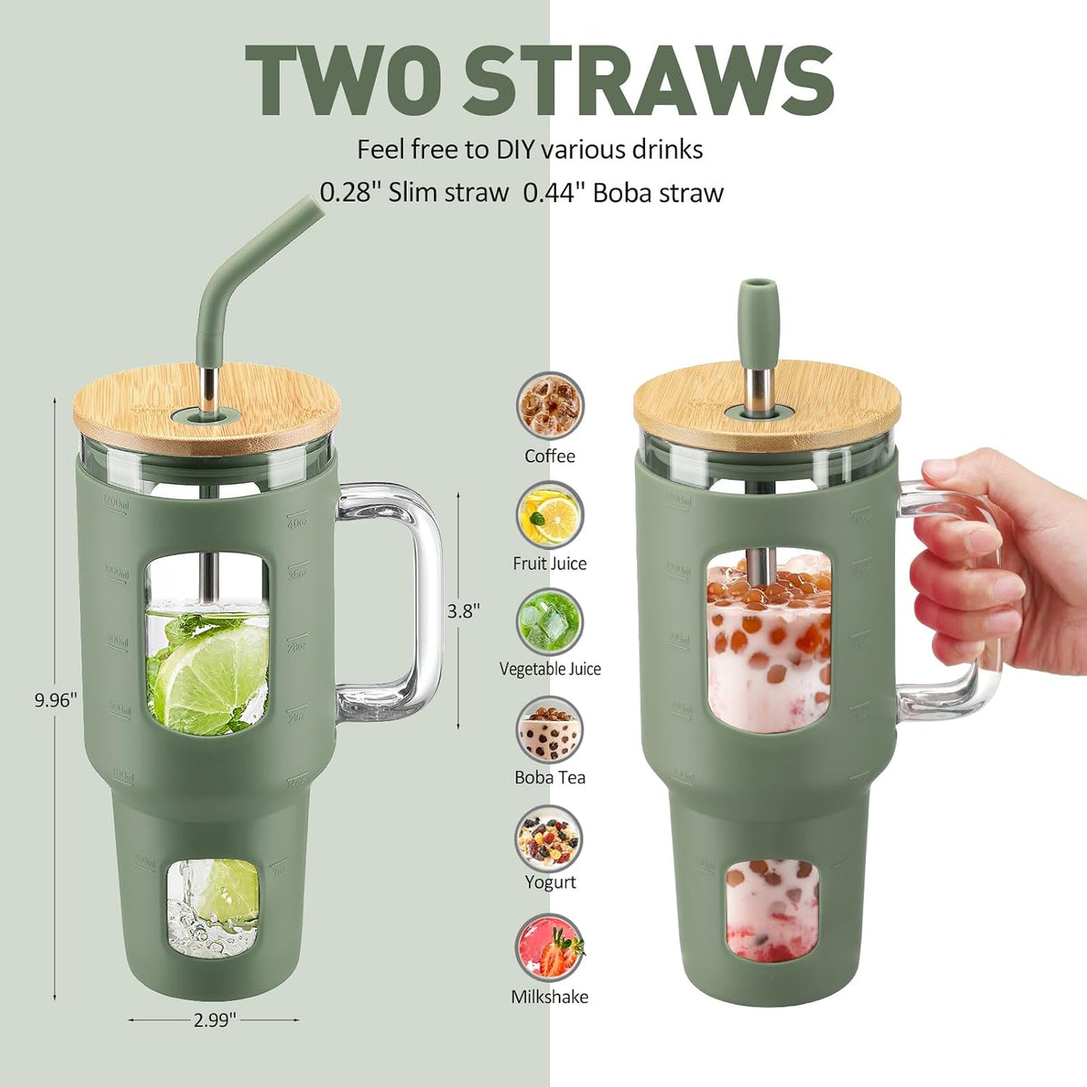 WINSA Glass Tumbler with Straw and Lid, 40 oz, Olive